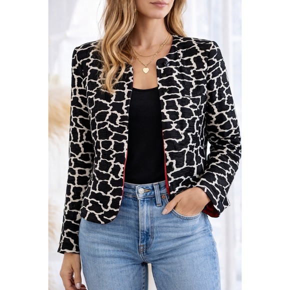 Flores & Flores Jackets & Blazers - Flores & Flores Silk Blazer Jacket Black White‎ Giraffe Print Red Lined 8